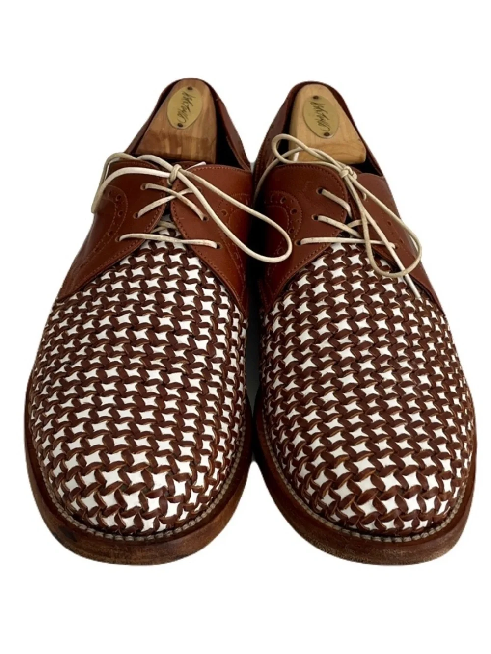 Salvatore Ferragamo Brown and White Woven Leather ‘Bario’ Oxfords, Size 9.5 D